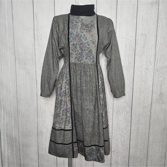 VTG 70s Phool Plaid Floral Embroidered India Rayon Prairie Dress, sz Small - Picture 1 of 8